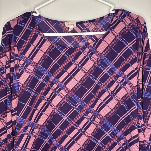 PIXLEY STITCH FIX BRAND Blouse Women L Roll Tab Sleeve Pink Purple Blue Plaid - Picture 2 of 5